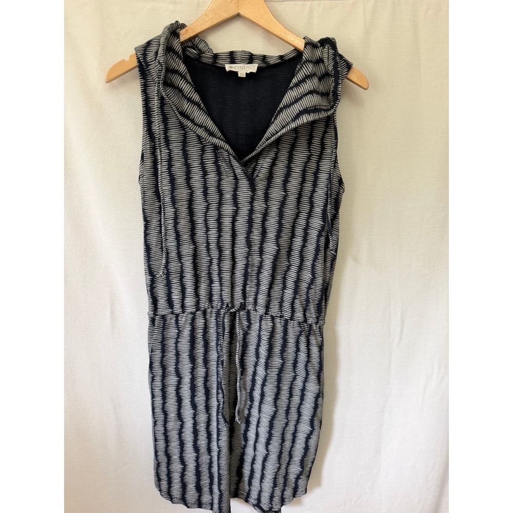 Synergy Womens Hooded Dress Navy White Stripe Organic Cotton Drawstring XS Mini